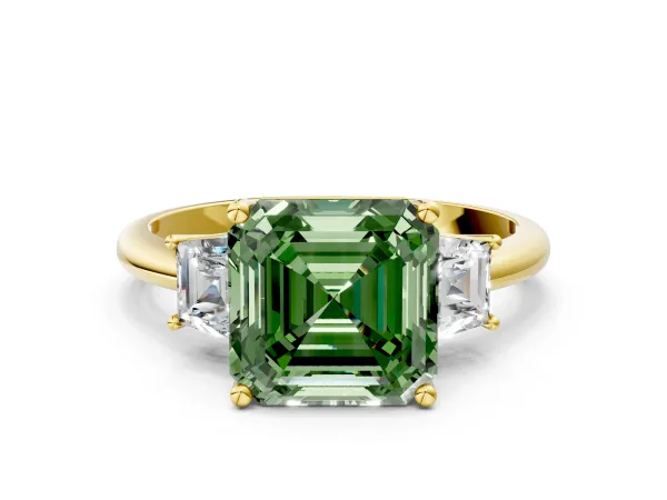 Fancy Green Asscher Cut Diamond Three-Stone Ring with Trapezoid Side Stones and Prong Setting Yellow gold
