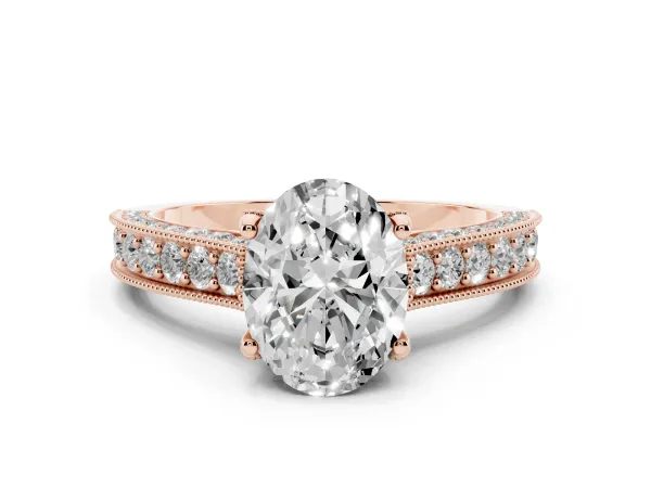 Oval Cut Cut Diamond Solitaire Ring with Milgrain Pave Band and Four Prong Setting Rose gold