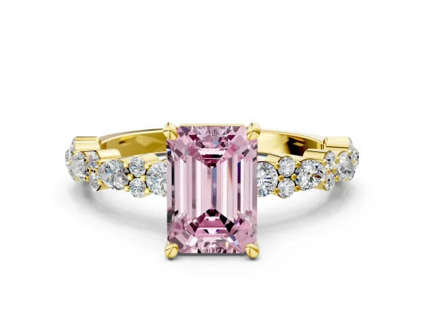 Fancy Pink Emerald Cut Diamond Side Stone Solitaire Ring with Round and Four-Prong Setting Yellow gold