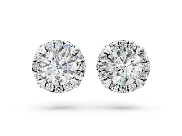 Round Cut Diamond Halo Stud Earrings with Pavé Accents White gold