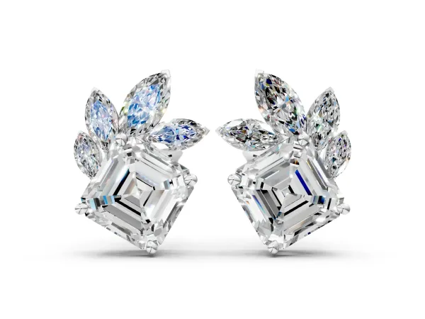 Asscher and Marquise Diamond Cluster Stud Earrings Platinum