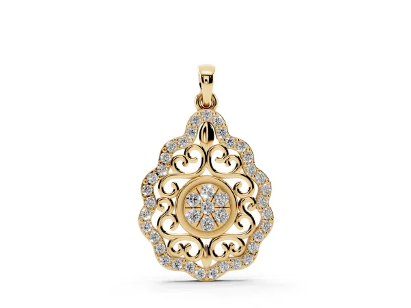 Round Diamond Halo Pendant with Filigree Design Yellow gold