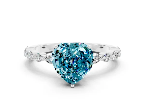 Heart Cut Blue Topaz Ring with Marquise and Round Side Stones and Four-Prong Setting Platinum