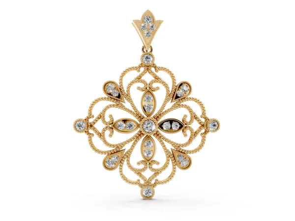 Vintage Floral Diamond Pendant with Round Brilliant Cut and Pavé Setting Yellow gold