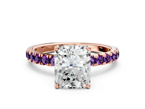 Radiant Cut Diamond Pave Band Solitaire Ring with Round Amethyst and Prong Setting Rose gold