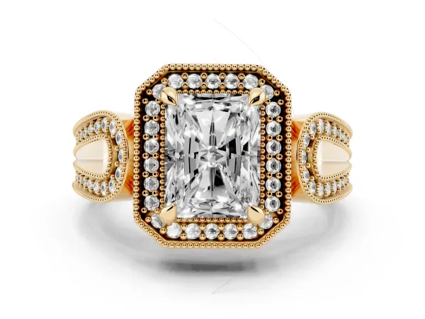 Radiant Cut Halo Split Shank Milgrain Diamond Ring Yellow gold