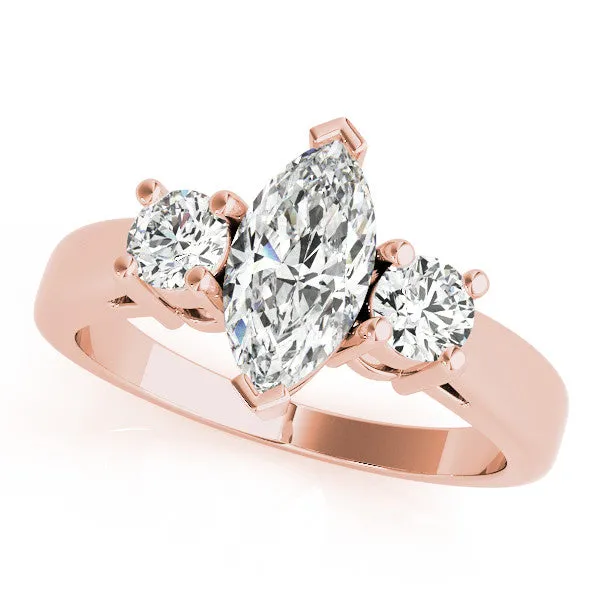 Three-Stone Heart Cut Diamond Solitaire with Round Accents and Prong Setting on a Classic Band Rose gold