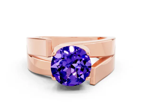 Modern Tension Set Round Cut Tanzanite Solitaire Wide Band Ring Rose gold