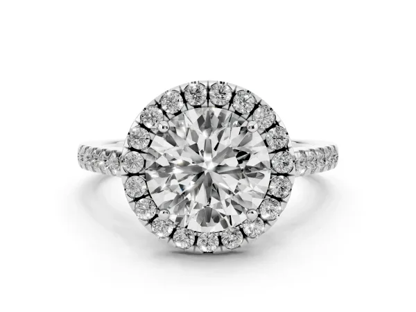 Round Cut Halo Pavé Diamond Engagement Ring with Four-Prong Setting Platinum