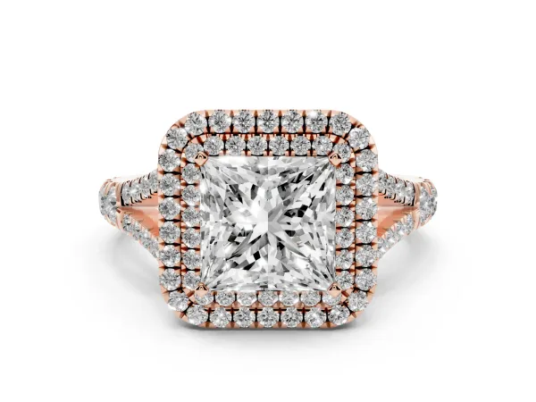 Princess Cut Diamond Pavé Split Shank Double Halo Engagement Ring Rose gold
