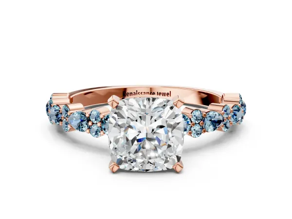 Cushion Cut Diamond Side Stone Solitaire Ring with Round Aquamarine and Four-Prong Setting Rose gold