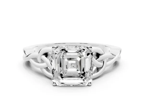 Asscher Cut Diamond Solitaire Engagement Ring with Celtic Knot Band and Four-Prong Setting Platinum