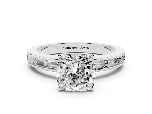 Cushion Cut Solitaire Diamond Ring with Channel-Set Baguette Band and Four-Prong Setting White gold