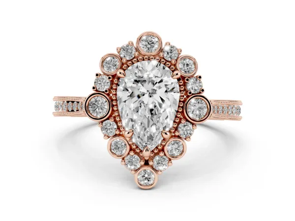 Pear Cut Halo Milgrain Pave Diamond Ring with Four-Prong Setting Rose gold