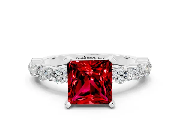 Princess Cut Ruby Side Stone Solitaire Ring with Round and Four-Prong Setting Platinum