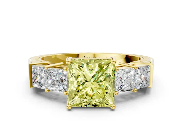Fancy Yellow Princess Cut Solitaire Princess Side Stone Engraved Band Prong Setting Ring Yellow gold
