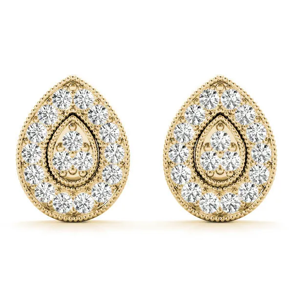 Pavé Pear-Shaped Halo Stud Earrings with Milgrain Detailing Yellow gold