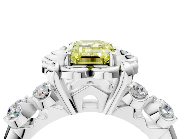 Fancy Yellow Emerald Cut Cut Diamond Floral Halo Engagement Ring with Shared Prong Setting Platinum