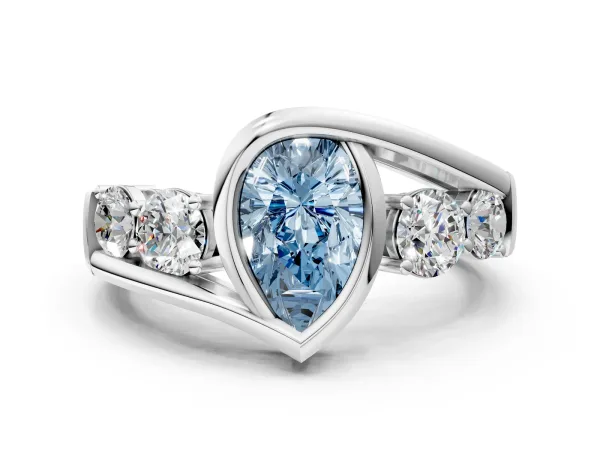 Fancy Blue Bezel Set Pear Cut Diamond Bypass Ring with Round Accents Platinum