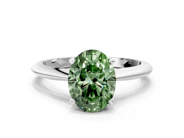 Fancy Green Oval Cut Diamond Solitaire Engagement Ring with Classic Band and Four-Prong Setting Silver