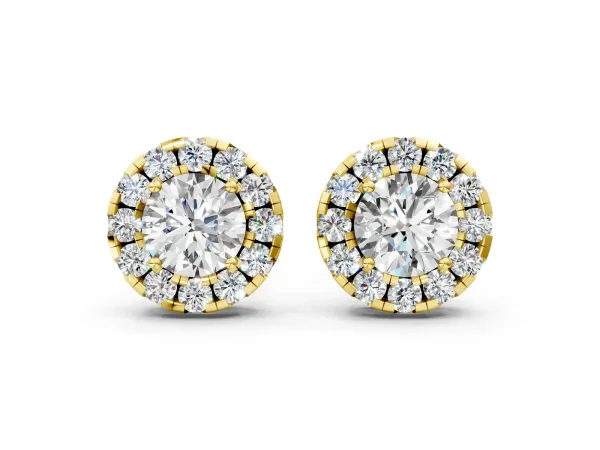 Round Cut Diamond Halo Stud Earrings Yellow gold