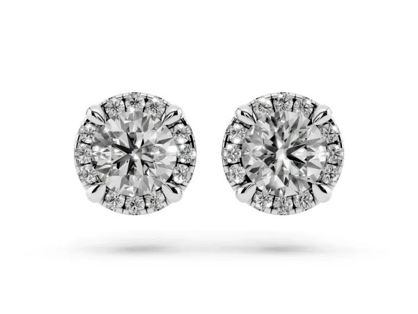 Round Cut Diamond Halo Stud Earrings with Pavé Accents Platinum