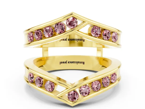 Round Morganite Channel-Set Chevron Band Yellow gold