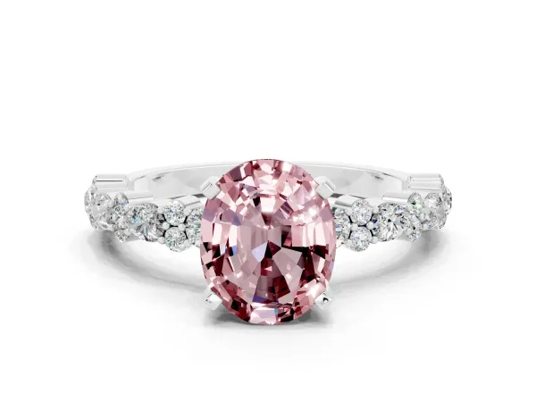 Oval Cut Morganite Side Stone Solitaire Ring with Round and Four-Prong Setting White gold