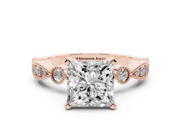 Princess Cut Milgrain Bezel Diamond Engagement Ring with Solitaire Prong Setting Rose gold
