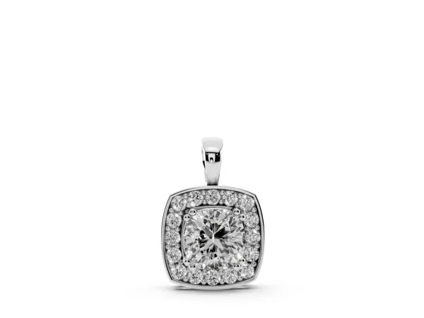 Cushion Halo Pendant with Round Diamond and Four-Prong Setting White gold
