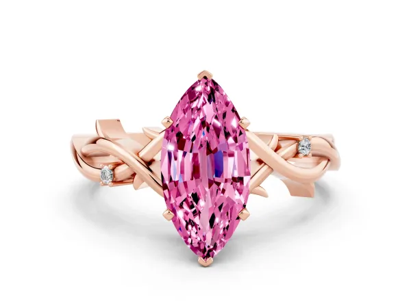 Marquise Cut Pink Sapphire Solitaire Ring with Milgrain Pavé Band and Four-Prong Setting Rose gold