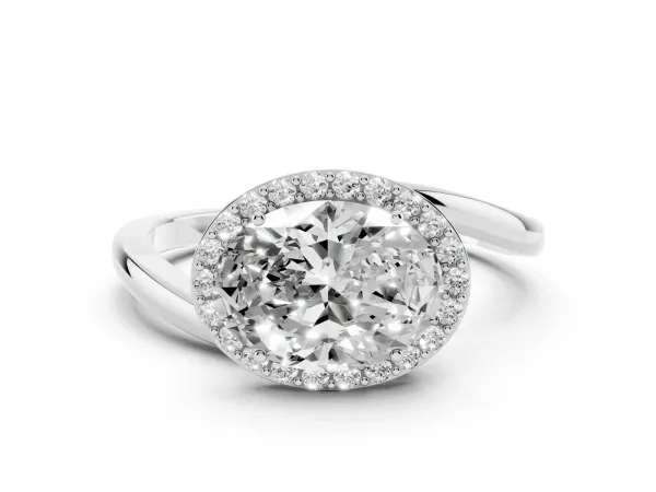 Oval Cut Diamond Bezel Halo Ring with Plain Band White gold