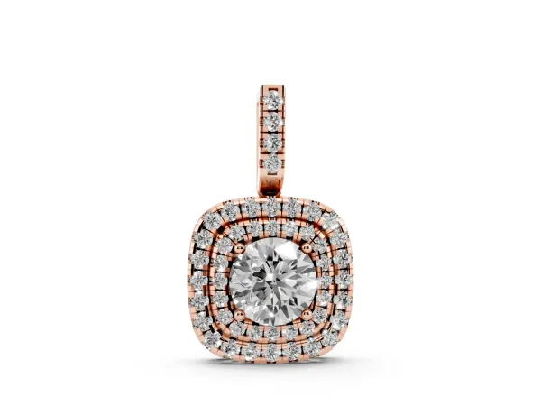 Double Halo Round Diamond Pendant with Pavé Setting and Prong Setting Rose gold