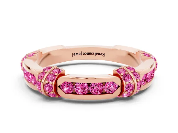 Pavé Round Pink Sapphire Link Band with Bezel Setting Rose gold