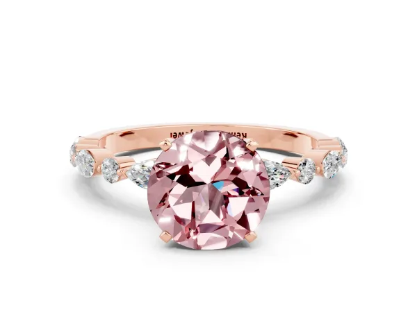 Round Cut Morganite Ring with Marquise and Round Side Stones and Four-Prong Setting Rose gold