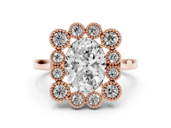 Oval Cut Halo Diamond Cluster Engagement Ring with Milgrain Bezel Setting and Solitaire Band Rose gold