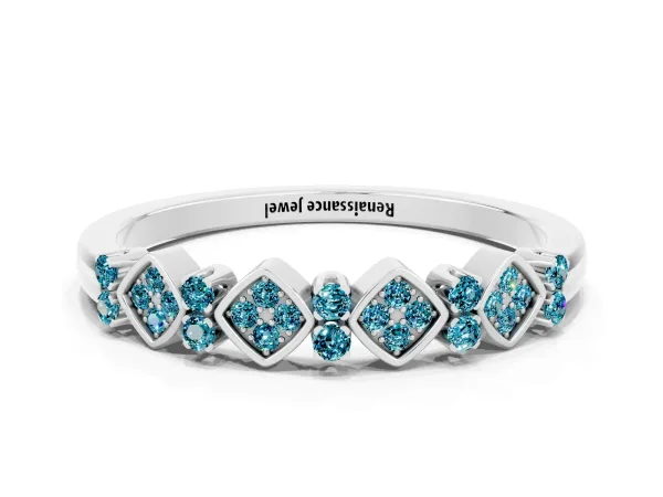 Pavé Cushion Blue Topaz Cluster Eternity Band with Prong Setting Platinum