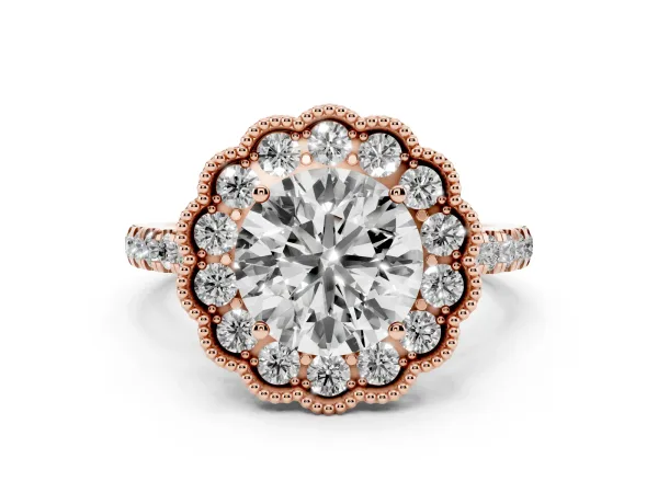 Round Cut Cut Diamond Milgrain Floral Halo Engagement Ring with Pavé Band Rose gold