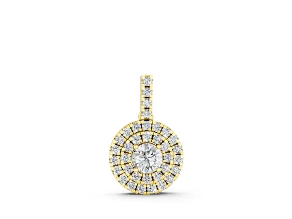 Round Double Halo Prong Set Diamond Pendant Yellow gold