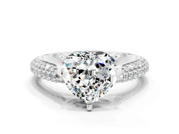 Heart Cut Moissanite Solitaire Engagement Ring with Multi-Row Round Pavé Band and Prong Setting Platinum
