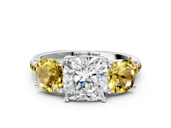 Three-Stone Cushion Cut Diamond Ring with Round Yellow Sapphire Pavé Band and Prong Setting Platinum
