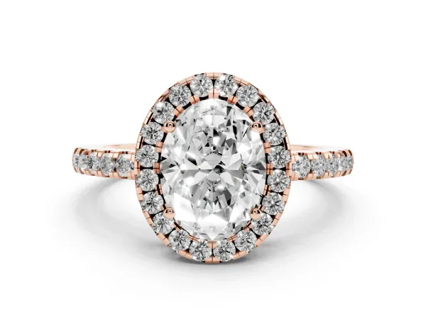Oval Cut Halo Diamond Engagement Ring with Pavé Band and Four-Prong Setting Rose gold