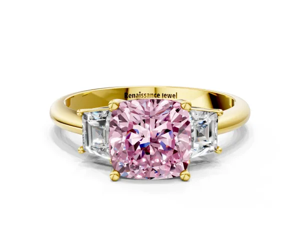 Fancy Pink Cushion Cut Diamond Three-Stone Ring with Trapezoid Side Stones and Prong Setting Yellow gold