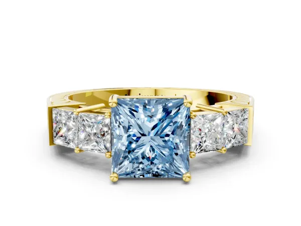 Fancy Blue Princess Cut Solitaire Princess Side Stone Engraved Band Prong Setting Ring Yellow gold