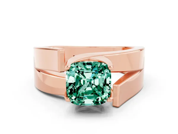 Modern Tension Set Cushion Cut Green Sapphire Solitaire Wide Band Ring Rose gold