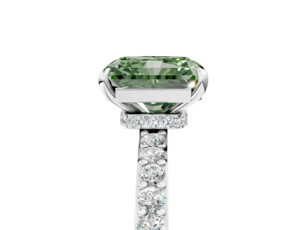 Fancy Green Radiant Cut Diamond Solitaire Engagement Ring with Pavé Band and Four-Prong Setting Platinum