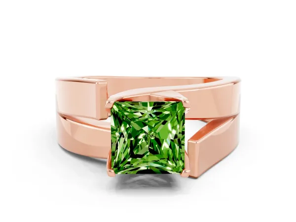 Modern Tension Set Princess Cut Peridot Solitaire Wide Band Ring Rose gold