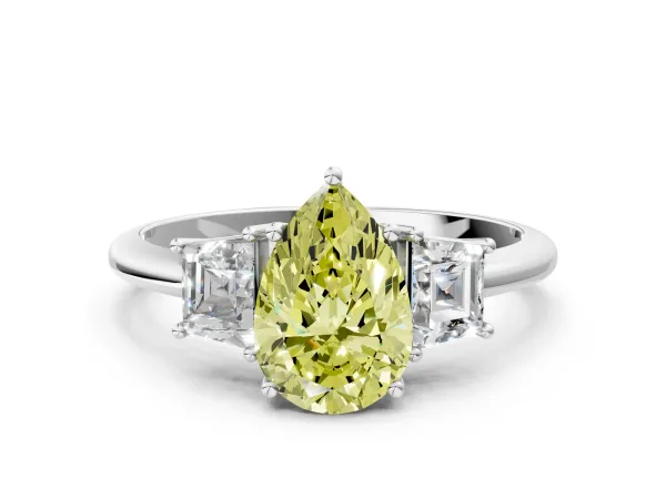 Fancy Yellow Pear Cut Diamond Three-Stone Ring with Trapezoid Side Stones and Prong Setting Platinum