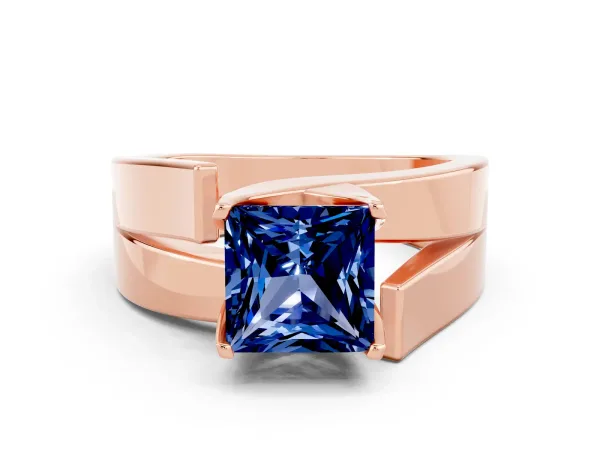Modern Tension Set Princess Cut Blue Sapphire Solitaire Wide Band Ring Rose gold