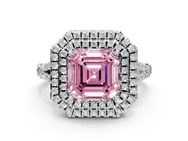 Fancy Pink Asscher Cut Diamond Double Halo Ring with Split Shank and Prong Setting Silver
